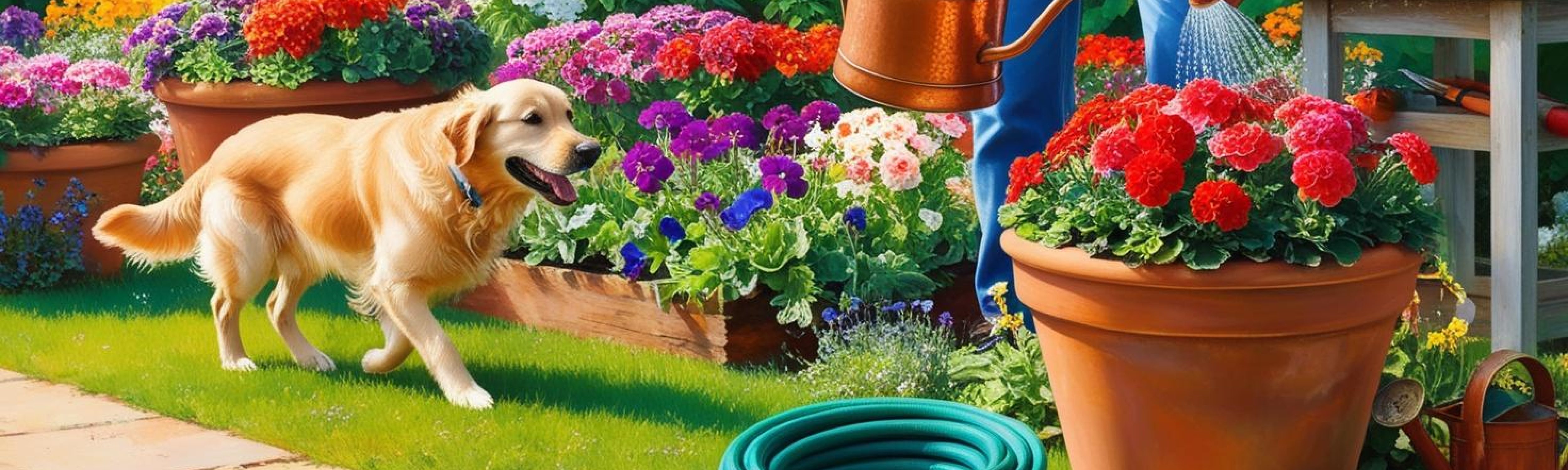 一个生机盎然的花园图片，里面有水管，手工具，有奔跑的小狗，种花的人在用水壶浇水